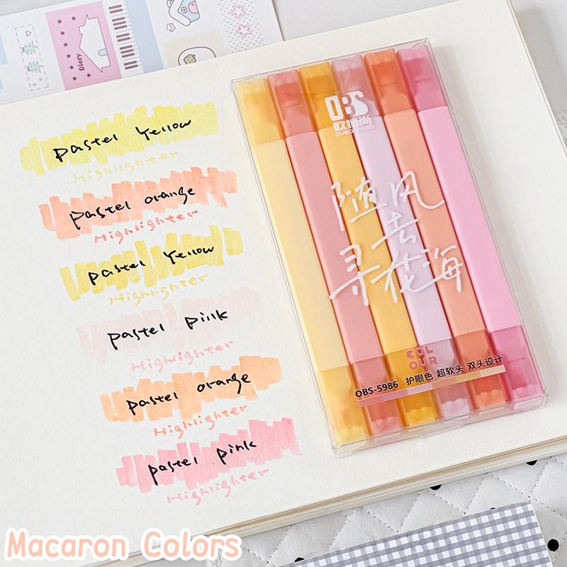 6pcs Dual Tip Highlighter Pens Set Macaron Pastel Colors Chisel Tip Quick Dry Soft Brush Student Drawing Set A3356