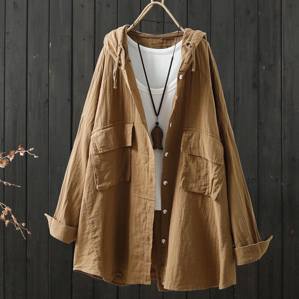 Cotton Yarn Hoodies Cardigan for Women Spring Japan Style Hooded Short Long Solid Shirts and Blouse Big Size Tops