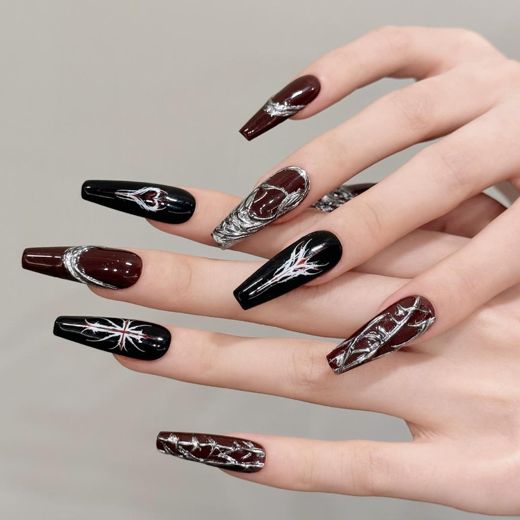 Long Press On Nails Coffin Fake Nails Dark Gothic Acrylic Nails Black Punk False Nails Reusable Glossy Artificial Full Cover False Nail for Women