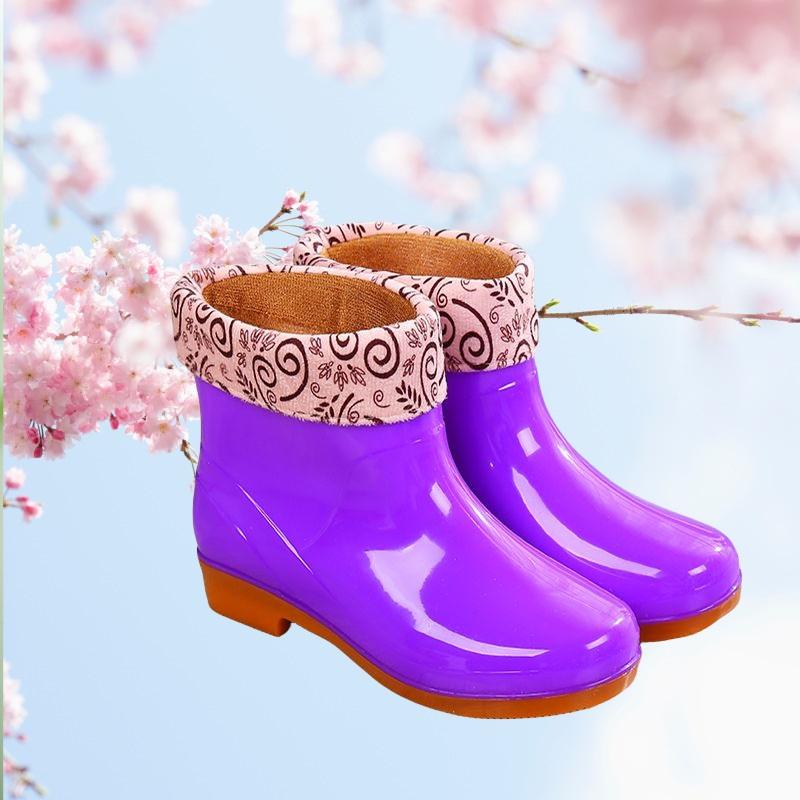 Women's Fashion Anti Slip Waterproof Short Tube With Cotton Rain Boots Kitchen Work Rubber Shoes
