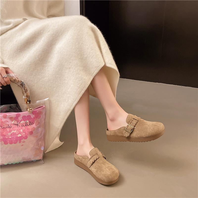 Fashion New Round-toe Deep-mouth Metal Buckle Cow Suede Platform Anti-slip Wear-resistant Flat-sole Wrapped-head Slippers for Autumn