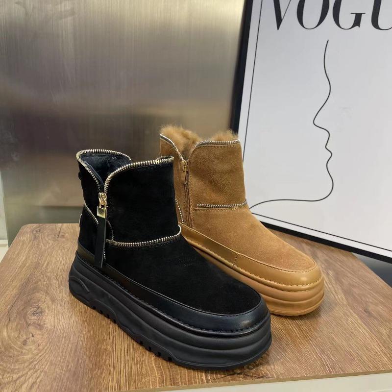 Fur integrated warm casual snow boots women's winter leather piled thickened cotton boots non-slip thick-soled short boots