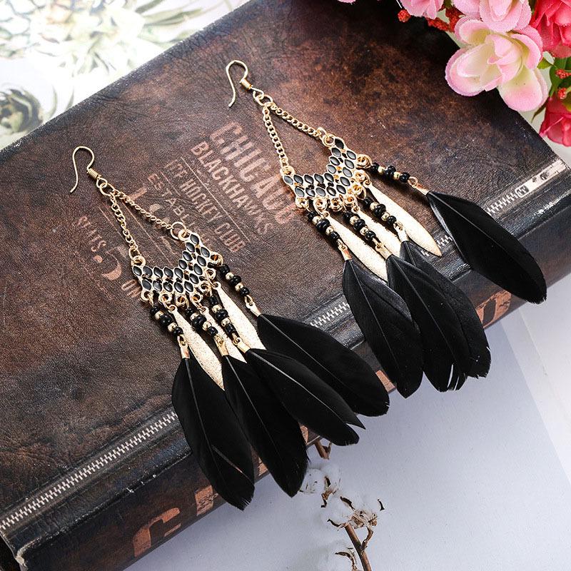 Bohemian Long Tassel Feather Earrings - Trendy Douyin-Inspired Design for Women