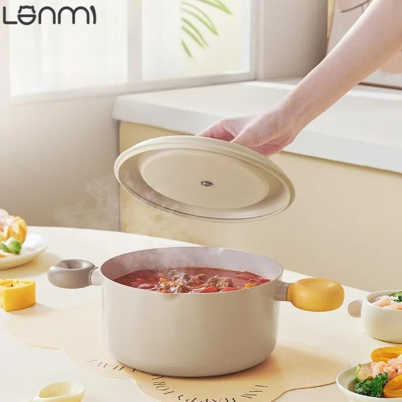 LANMI 22CM Non-stick Double Ear Instant Noodle Stew Pot Medical Stone Coated Soup Pot with Visible Glass Cover Kitchen Cookware