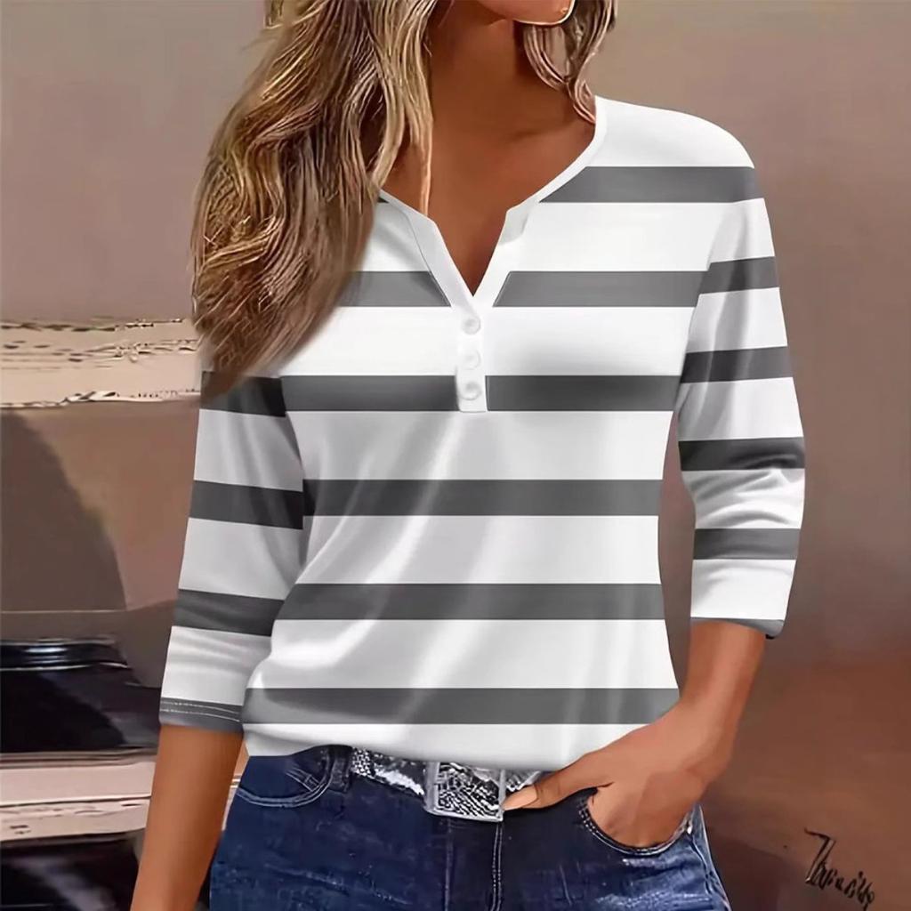 2025 Summer New Women's Casual V-Neck Button Striped T-Shirt Fashion Versatile Top for Europe and America