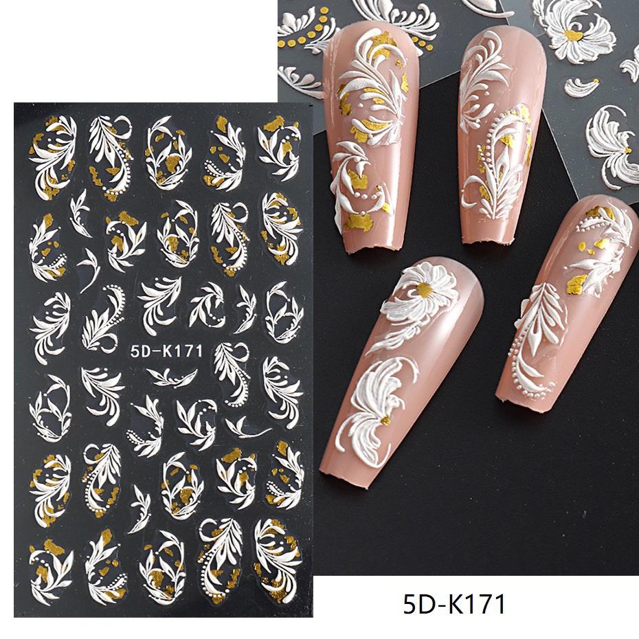 Bröllopsnagelklistermärke Spets Bröllopsdesign 5D Akryl Blommor präglad skjutreglage för naglar Fransk Nail Art Guide Guldfolie