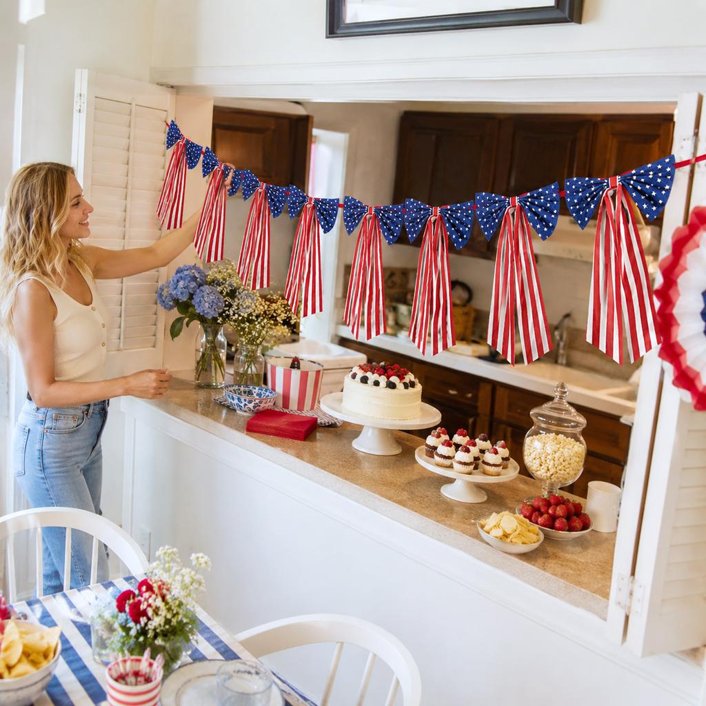 Patriotic Star Bow Tassel Banner Hanging Decoration for Memorial Day Independence Day Party Indoor Outdoor Decor