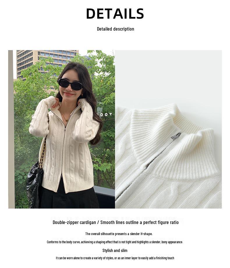 Women's High-Neck Zipper Cardigan: Warm Cashmere Wool Knitwear, Thick Cable Knit Sweater Coat for Autumn & Winter.