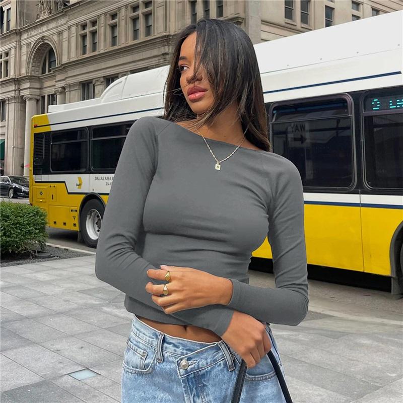 Damen Slim Top Langarmshirts Basic Crop Tops Ausgehmode Einfarbig Rundhals Layer Slim Fit Tops