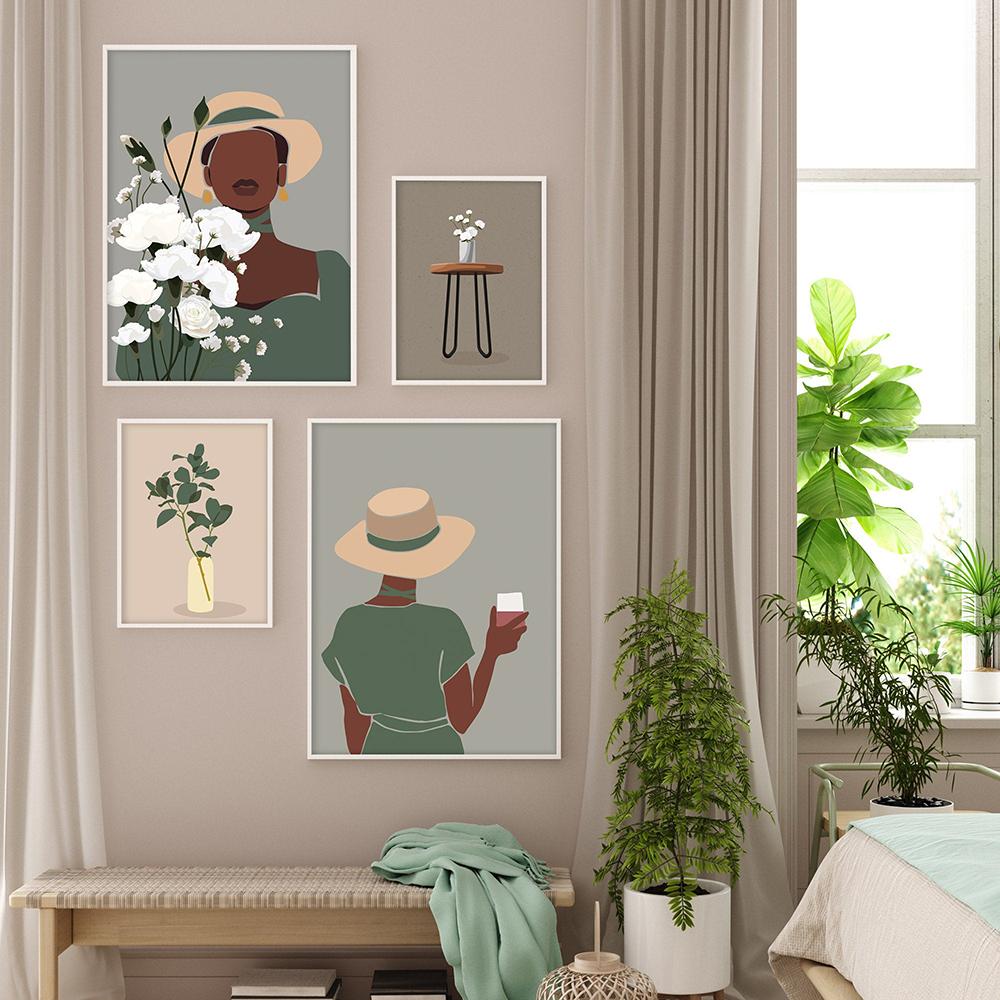 

Print Wall Art Canvas Painting Dorm Wall Picture Living Room Fashion Floral Woman Black Girl Nordic Poster