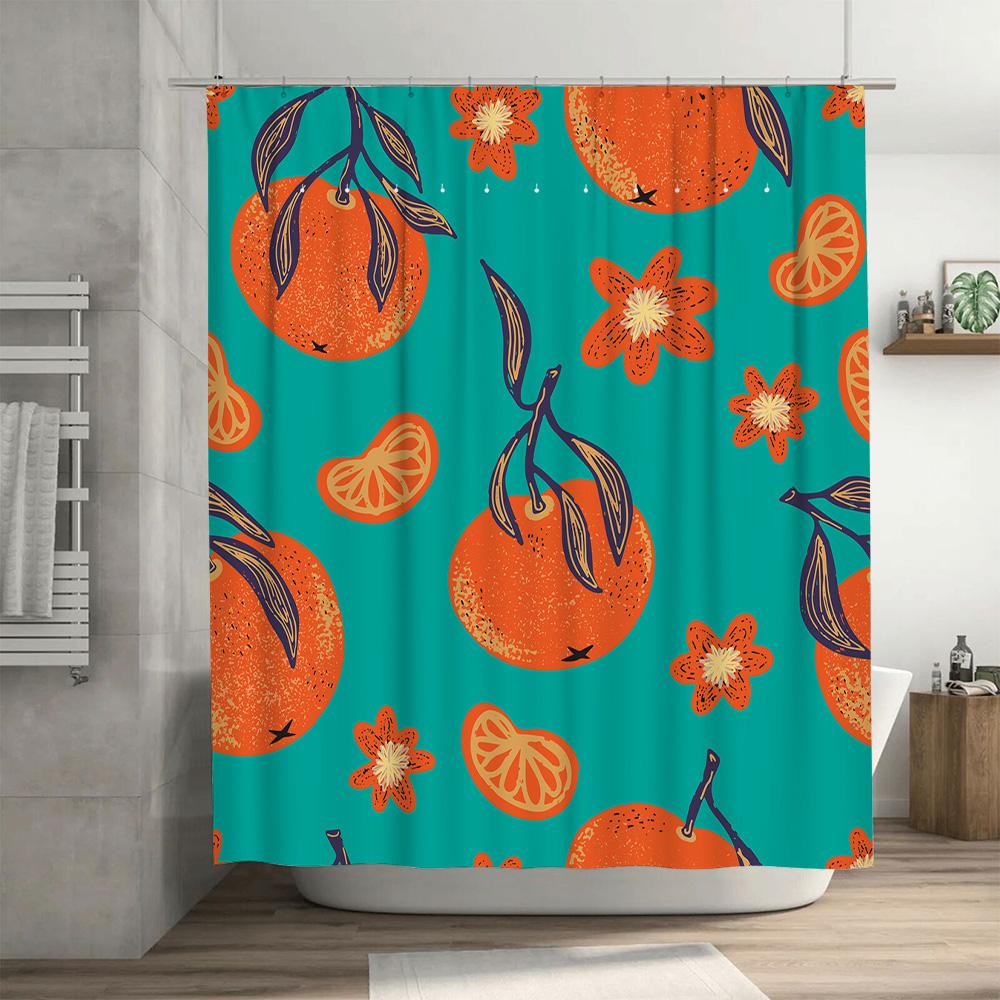 Modern Pattern Shower Curtains with Orange Flower Print Home Decor Water Repellent Bathroom Liners for Bathtub Green White Col