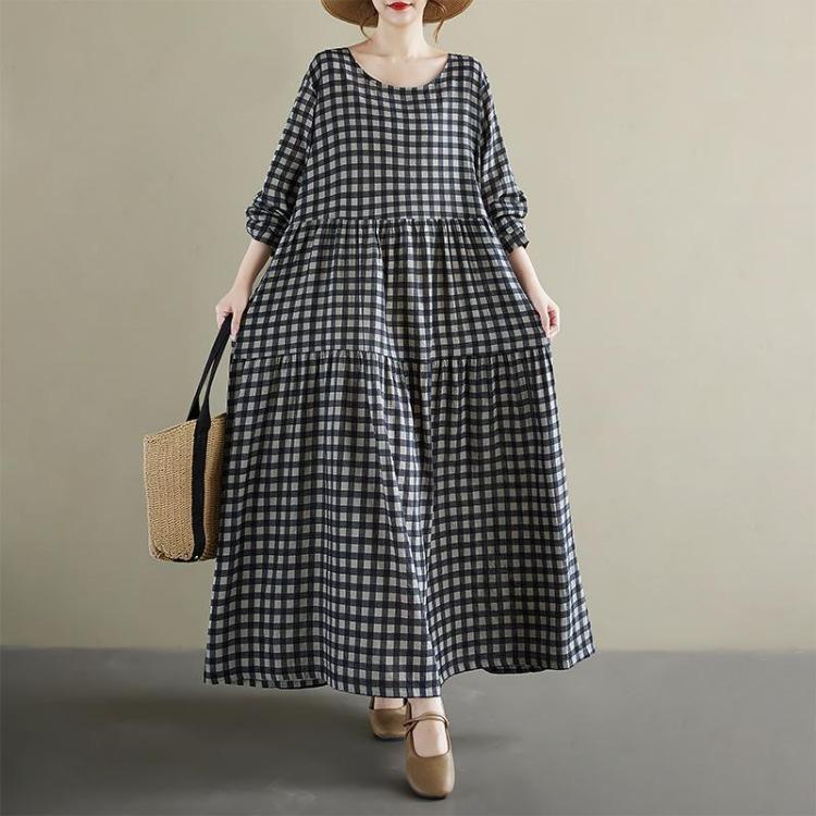 

Spring Vintage Floral Print Maxi Dress Plus Size Women Loose Oversize Long Sleeve Casual Basic Long Dress One Size