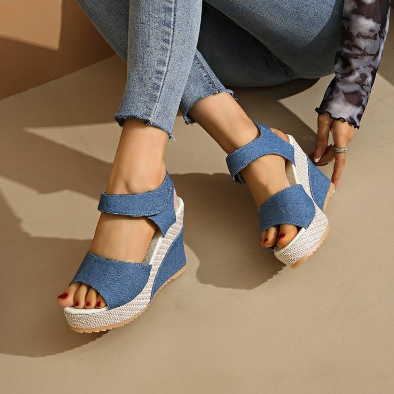 

Модные босоножки на высокой танкетке с платформой и открытым носком «рыбий рот» 2025 Новые женские босоножки с открытым носком Женская обувь Комфортная летняя дизайнерская обувь 34 джинсовый синий