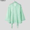 INCERUN Men Lapel Neck Long Sleeve Hollow Out Fishnet Mesh Sheer Beach Shirts Tops 