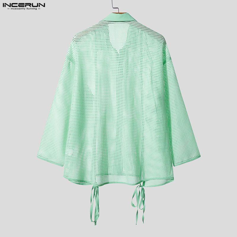 INCERUN Men Lapel Neck Long Sleeve Hollow Out Fishnet Mesh Sheer Beach Shirts Tops 