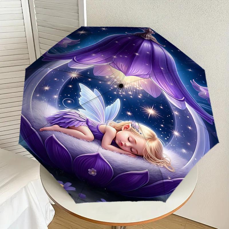 1 Stück Feenblume Automatisches Öffnungs-/Schließschirm mit Winddichtigkeit, Stabiles Dach mit 8 Speichen, Langlebige Speichen, Modisches Design, Outdoor-Accessoire, Lustiger Druck, Hol