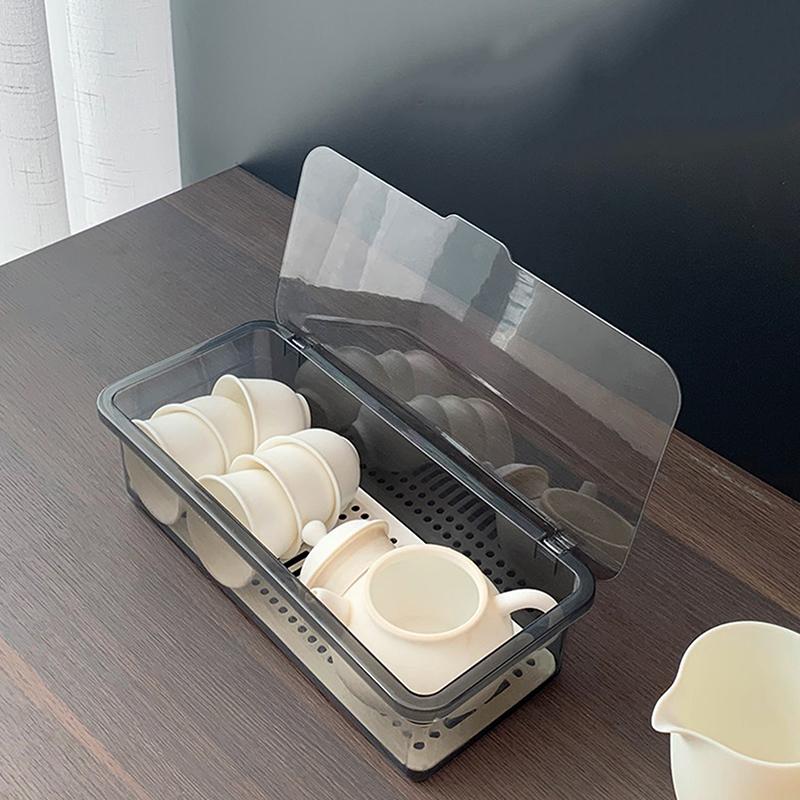 Przezroczyste Pudełko Do Przechowywania Zestawu Do Herbaty Filiżanka Z Pokrywką i Odpływem Pyłoszczelny Pojemnik na Sztućce Do Kuchni