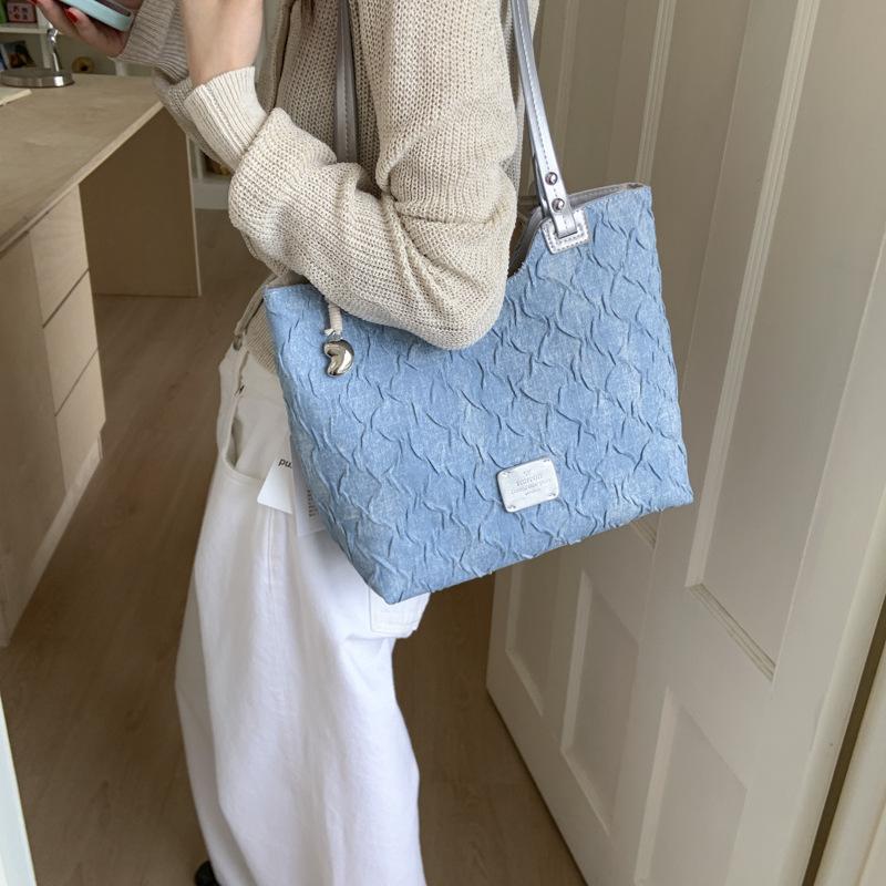 Tote bag women's new work commuter bag fashionable denim blue pleated portable shoulder bag