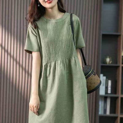 Korean Style Loose Accordion Pleat Cotton Linen Mid-Length Dress, Summer 2023 - Slimming Short Sleeve Design for Women