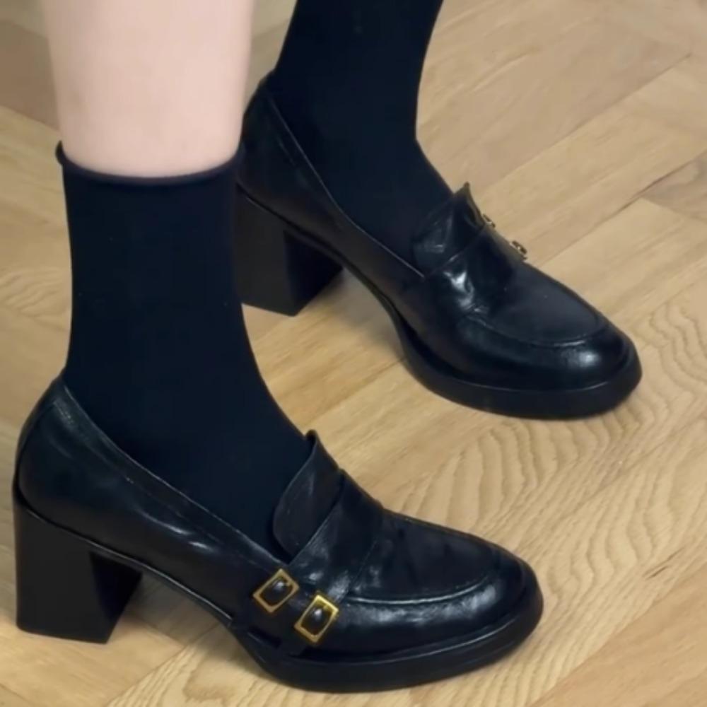 Leather Loafers Woman Small Leather Shoes 8CM Thick Heel High Heel Single Shoes Women's 2025 Autumn New Retro Leather High Heels