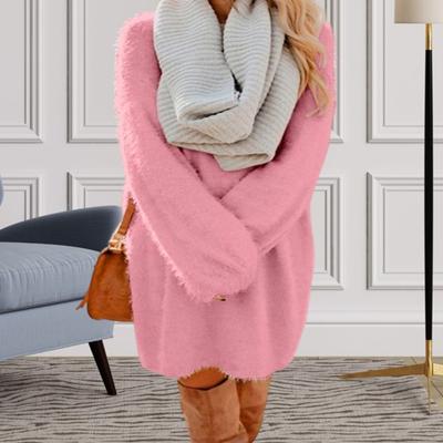 Yousheng Damen Flauschiger Pullover Strickkleid Fuzzy Lässiger Oversized Langer Oberteil Lockerer Rundhalsausschnitt Herbst Kurzes Mini-Kleid