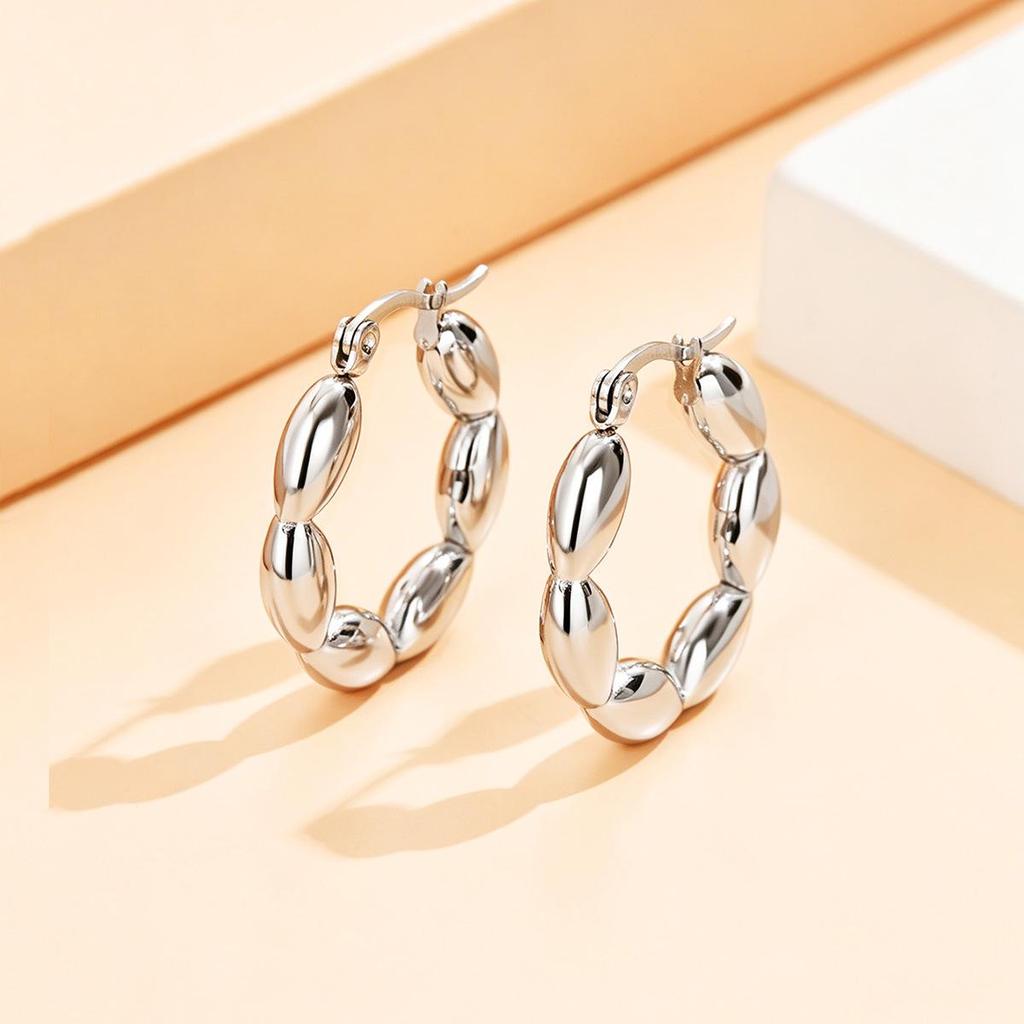 Elegant Geometric Olive Design Stainless Steel Hoop Earrings for Women - Retro Smooth Titanium Steel Jewelry Ear Clips