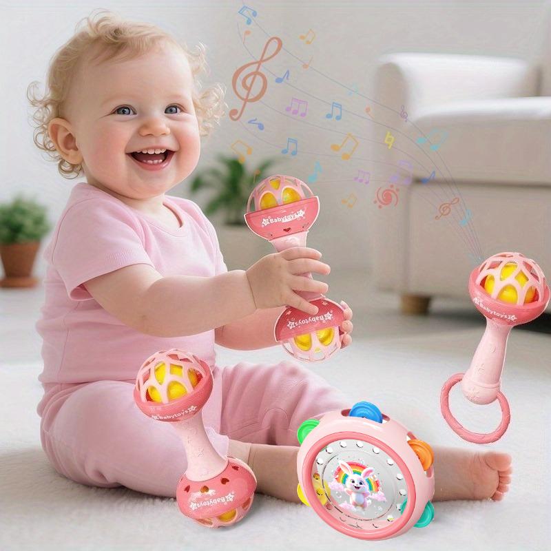 Rosa Klingelton Handtrommel Baby Spielzeug - Langlebiges ABS Material, mit Hasen- & Herzmustern, Perfekt für Neugeborene & Kleinkinder