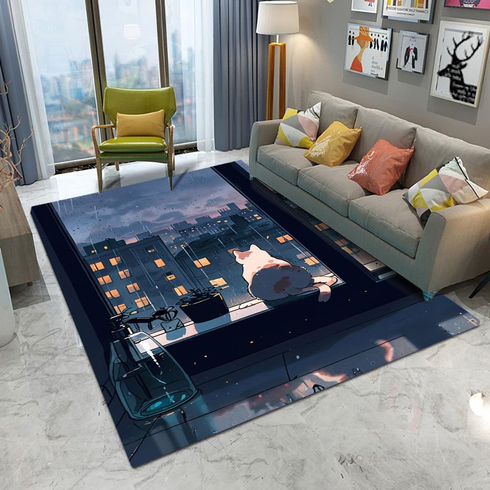 Cat Themed Carpet With Night City Scene Patterns Artistic Illustration Style Cozy Non Slip Washable Rug For Living Room Bedroom