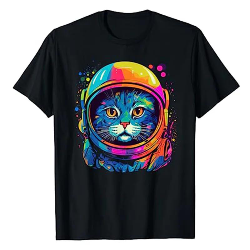 Funny Kitty Lover Graphic Tee Tops Cute Kitten Short Sleeve Blouses Space Astronaut Cat Gifts Unisex Women Kids Space Cat TShirt S
