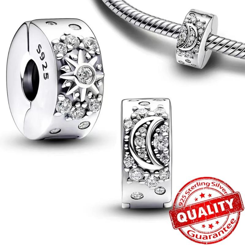 925 Sterling Silver Charm Sparkling Star Moon & Sun Pendant Fit Original Bracelets DIY Women Necklace Jewelry Gift
