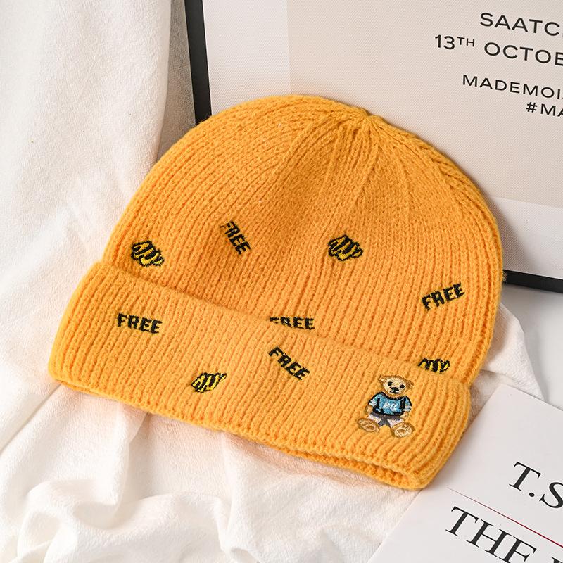 Hat Female Autumn and Winter Wool Hat Versatile Embroidered Letter Knitted Outdoor Riding Warm Cute Bear Pullover Hat