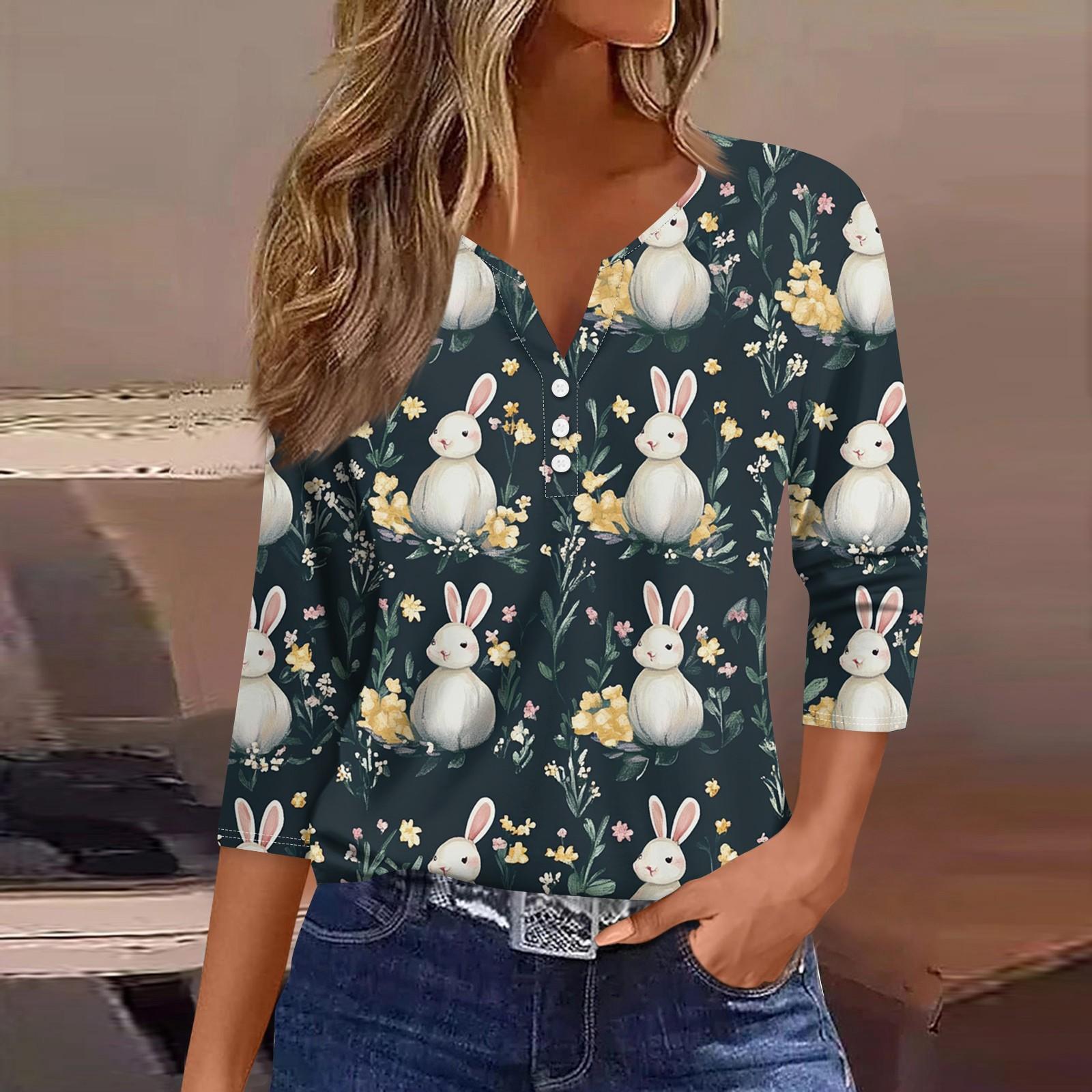 

Жен. Футболка Футболка С принтом Пуговицы Рукав 3/4 Повседневные Выходные Мода Классический V-образный вырез Обычный Топ XXL тёмно-синий