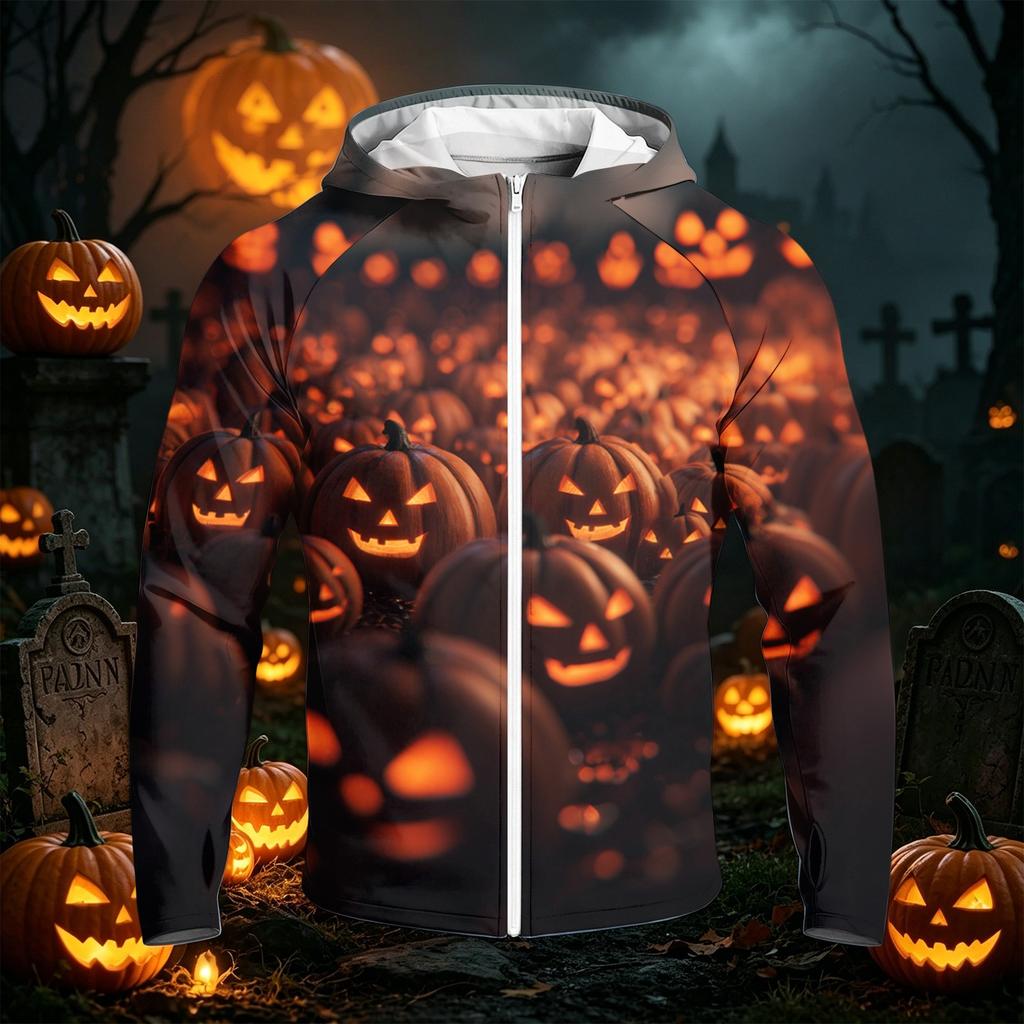 Men's Casual Raglan Sleeve Hooded Long Sleeve Sun Protection Jacket with Halloween Print Full Zip Front Lightweight