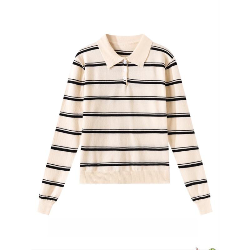 A New Design Striped Polo Neck Knitted Sweater for Women In Autumn and Winter, A Versatile, Slimming and Figure-hugging Long-sleeved Top