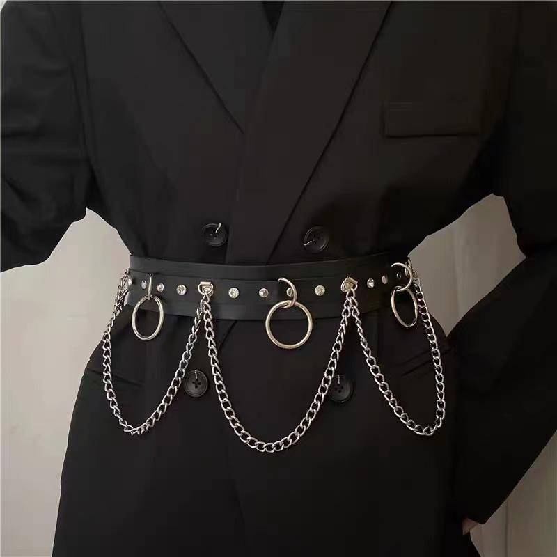 Moon Pendant Chain Fringe Goth Belt Punk Black PU Leather Belts Vintage Waistband For Women Girls