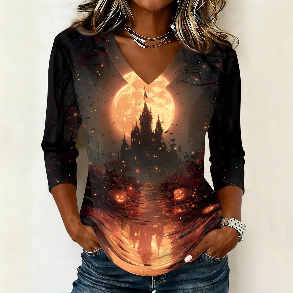 Women's Casual V Neck Halloween Print 3/4 Sleeve T Shirt Top Lightweight Soft Fabric Comfortable Fit Stylish Design for Everyday Wear