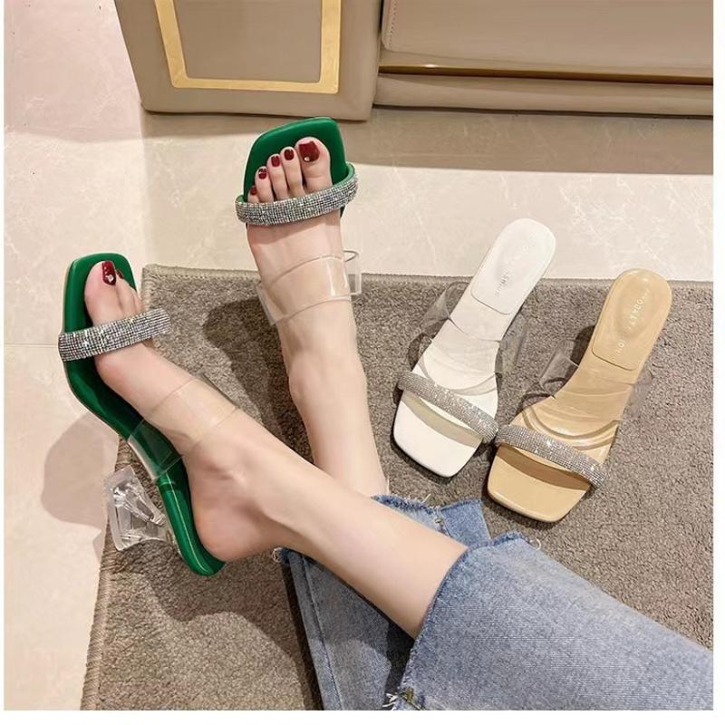 Square Headed Water Diamond Shoes Transparent Sexy Women Sandals High Heels Sandals Crystal  Pumps Shoes Summer New