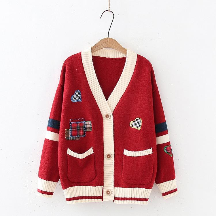 Embroidered Sweater Women's Coat Autumn and Winter Loose Knit Cardigan Long Sleeved Thick V - Neck Coat