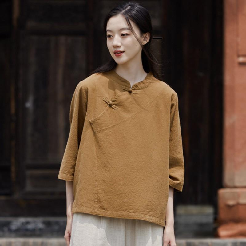 Johnature Dámské vintage bavlněné lněné košile topy stojáček sedmirukávové halenky podzimní jednobarevné vintage košile