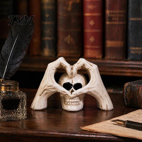 Creative Tricky Festival Gift Gothic Skeleton Hands Heart Sculpture with Skull, Romantic Love Statue, Halloween Theme Souvenir Shape Finger