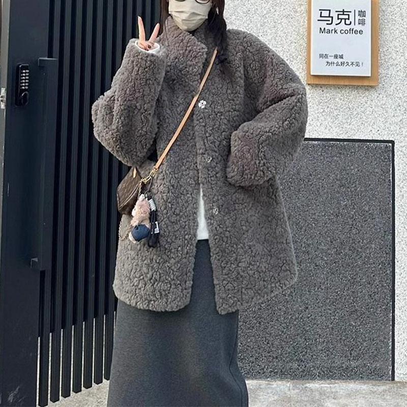 Autumn Winter Lazy Wind Midi Faux Fur Integrated Hair Solid Flip Collar Fashion Thermal Women Loose Comfortable Casual Coat 2024