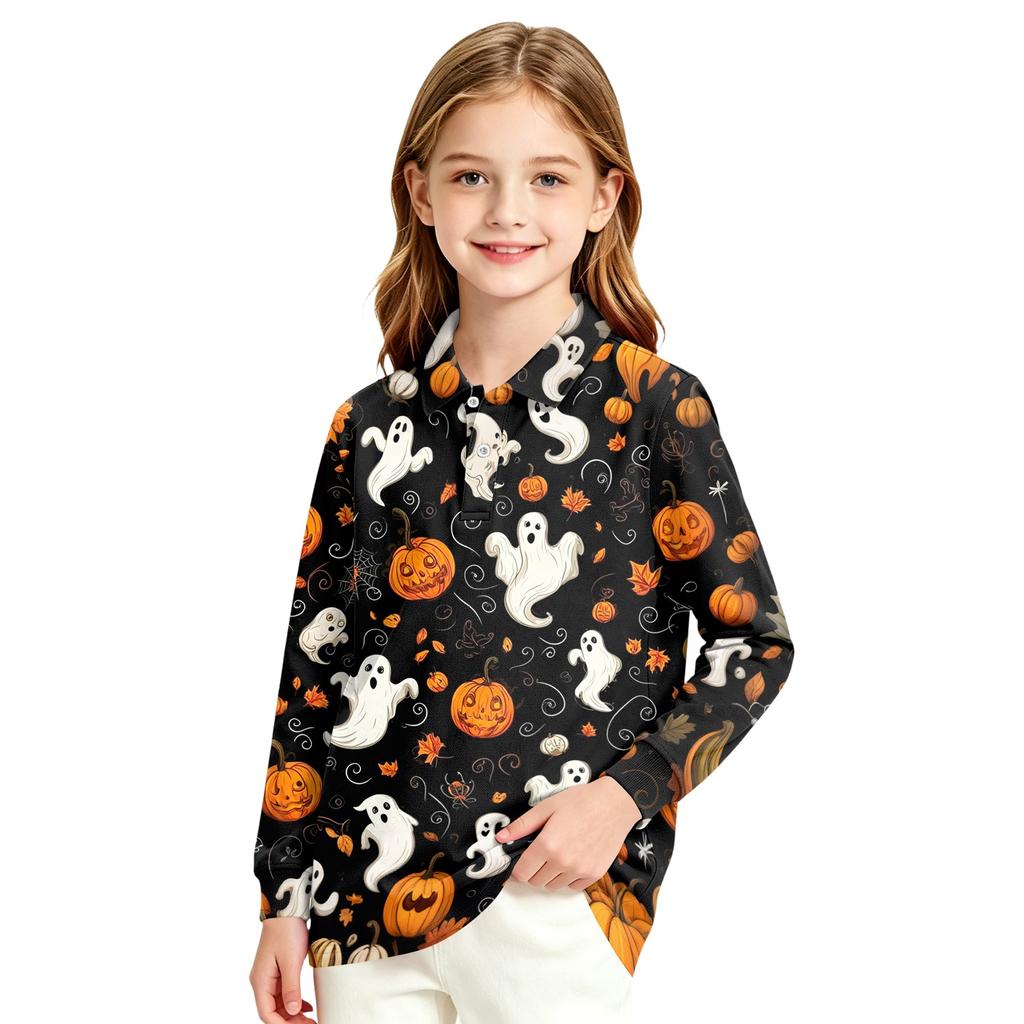 Girls School Uniform Long Sleeve Top with Halloween Print