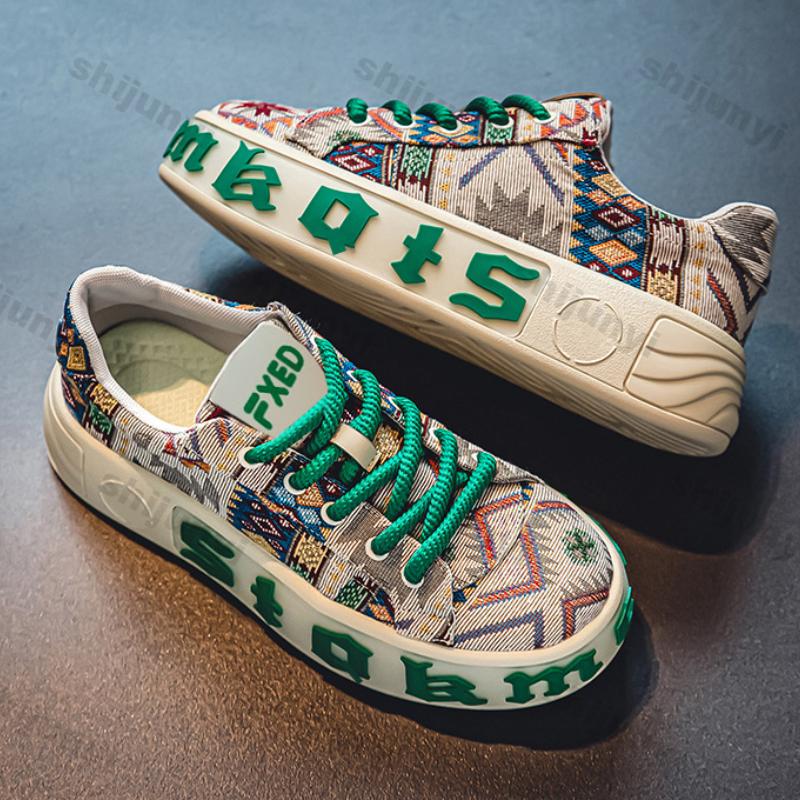 Fashion Men Vulcanized Shoes New Platform Breathable Canvas Shoes Men Trendy Thick Soled Printing Sports Casual Shoes Sneakers