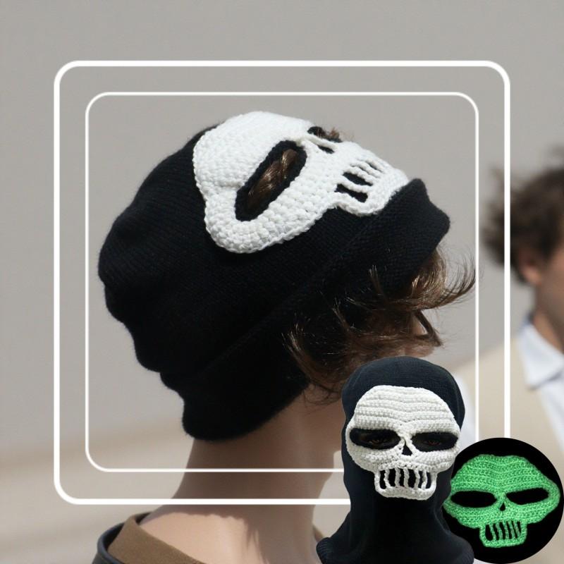 Handmade Crochet Ghost Face Hat Halloween Funny Skull Glow In Dark Beanie Unisex Warm Winter