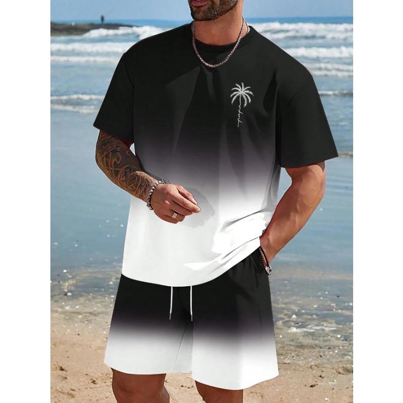 2025 Men s Short Sleeve Set Gradient color Print T-shirts Drawstring shorts Holiday Beach Short Sleeve Top Shorts Two-piece Set S