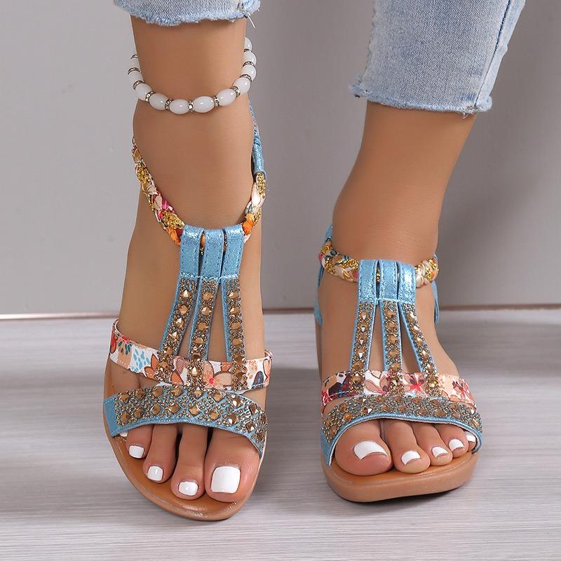 Women's Plus Size Peep Toe Wedge Sandals, Bohemian Elastic Strap Rhinestone Casual Daily Footwear
