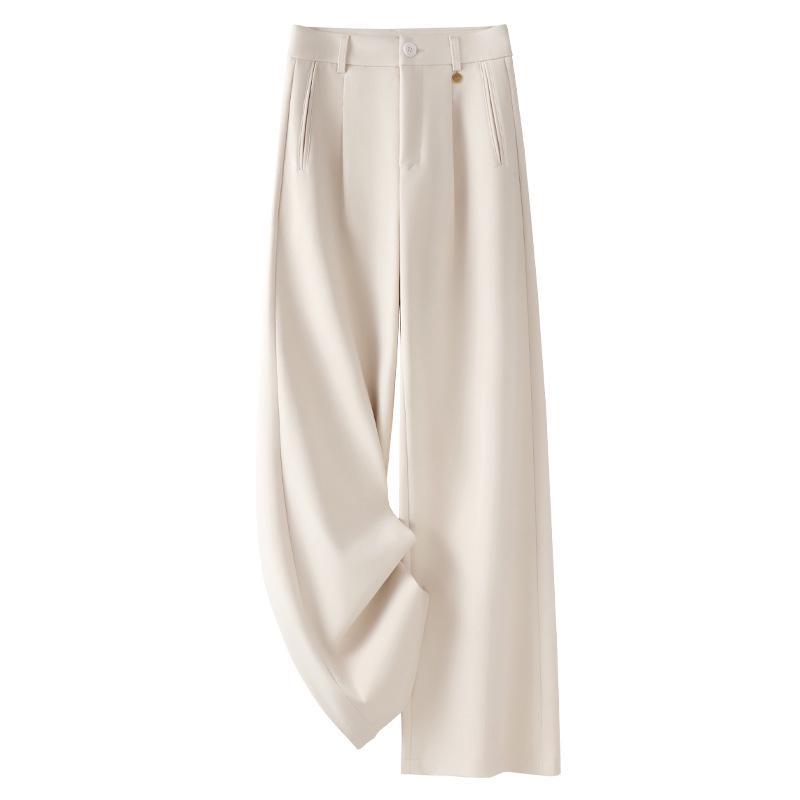 2024 Women's Beige Wool Wide-Leg Slimming High-Waisted Casual Pants