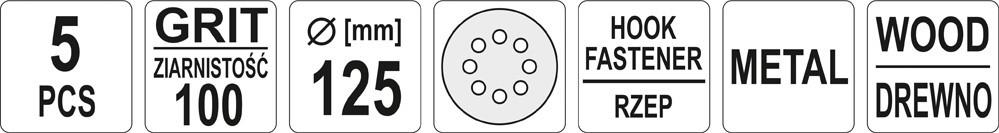 Velcro Sanding Discs with Holes 125mm, P100, 5 Pcs YT-83454 YATO