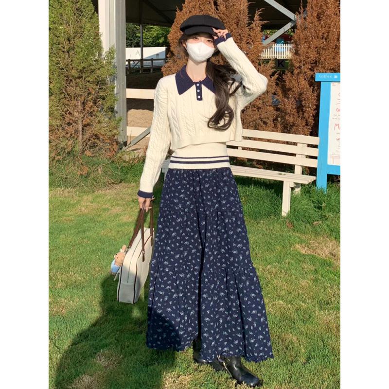 

French Retro Academy Style Knit Sweater Vest, High-Waist A-Line Skirt, and Color Block Camisole Set Small