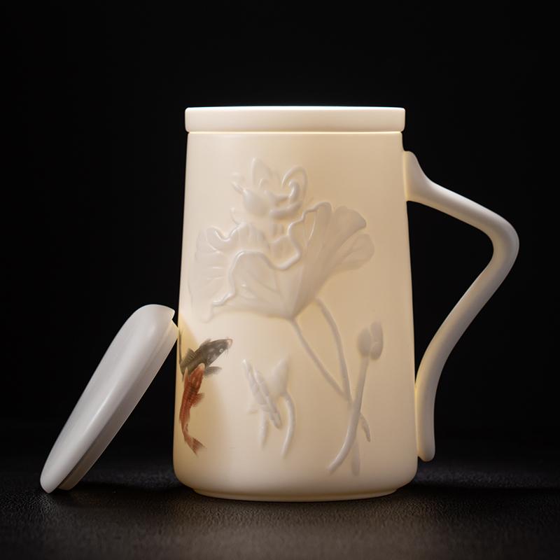 Mug with Lid Large Capacity Letter Creative Ceramic Water Cup Tea Cup Office Cup Customized Mutton Fat Jade Overglazed Color